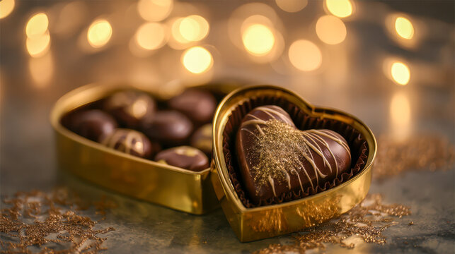 Heart-shaped golden box filled with assorted fancy chocolates surrounded by golden glitter and warm festive bokeh lights in the background