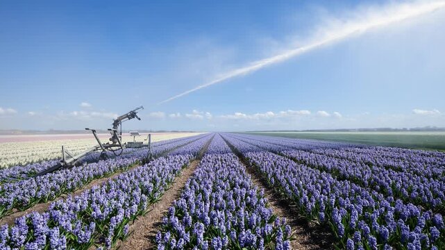 Irrigation system watering flower rows in a field. Industrial agriculture and farming process under a clear blue sky. Water spray over a colorful plantation.