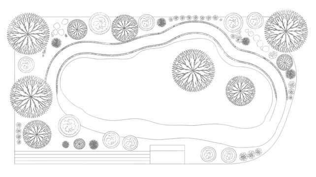 Down view of a landscape blueprint with trees and pathways aerial view plants