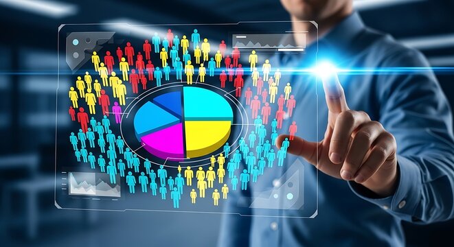 Audience analysis technology interface showing demographic segmentation clusters and statistical pie chart visualization
