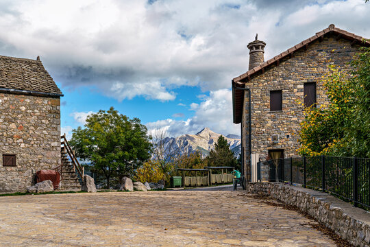 The old village of Tella and the surrounding landscape in Huesca. Aragon. Spain.