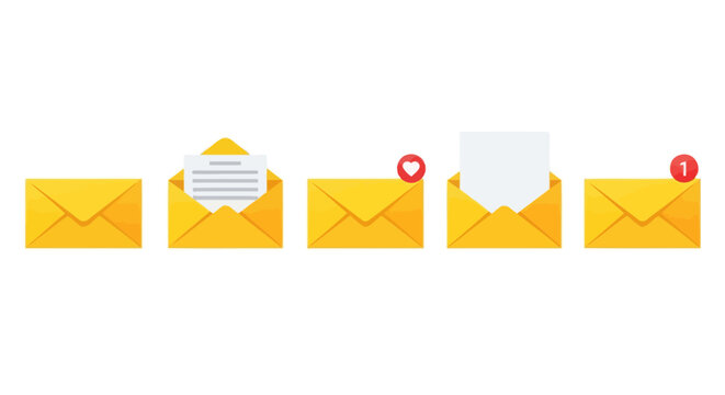 Set of five yellow envelopes in a row, showing different stages of email communication from closed to open with documents and notifications