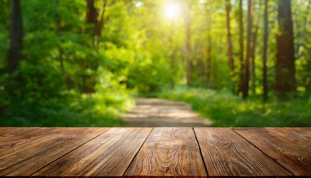 rustic wooden table surface overlooking blurred green forest path in spring or summer