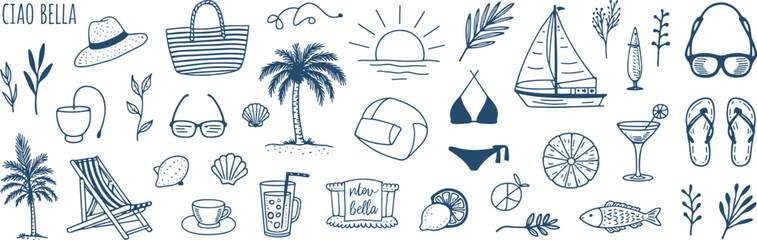Hand drawn navy blue summer vacation and text ciao bella on white background beach travel holiday © MadhobiRani