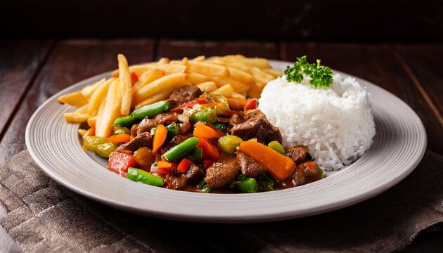 lomo saltado traditional peruvian stirfry with beef french fries white rice and vegetables