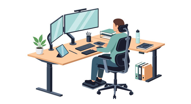 Modern home office workspace with dual monitors and ergonomic setup