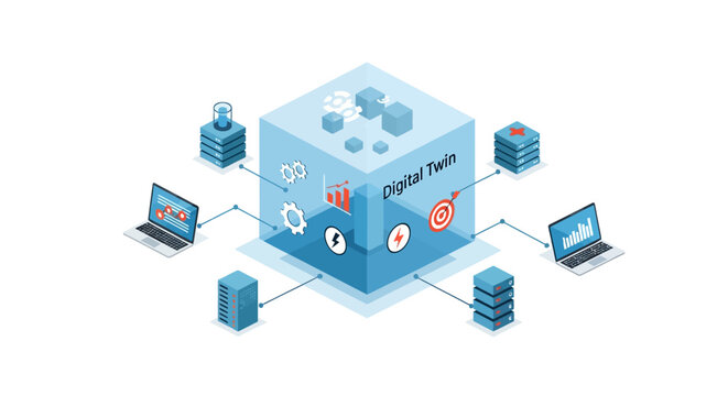 Digital twin concept with isometric tech elements and data integration