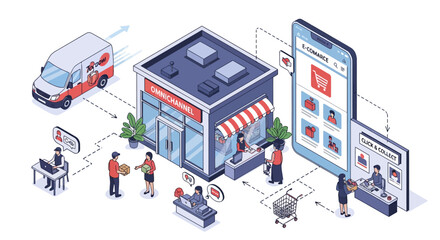 Naklejka premium Omnichannel retail concept with online and in-store shopping isometric design