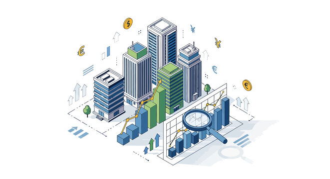 Isometric financial growth in urban business landscape with graph elements