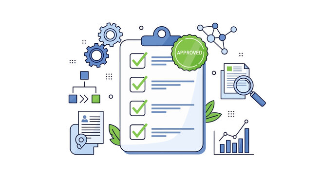 Checklist with approved stamp in modern linear style for business and management concepts