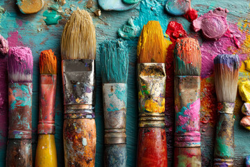 Fototapeta premium Colorful assortment of artist paintbrushes arranged in a row on a textured surface with vibrant paint splatters and remnants in the background