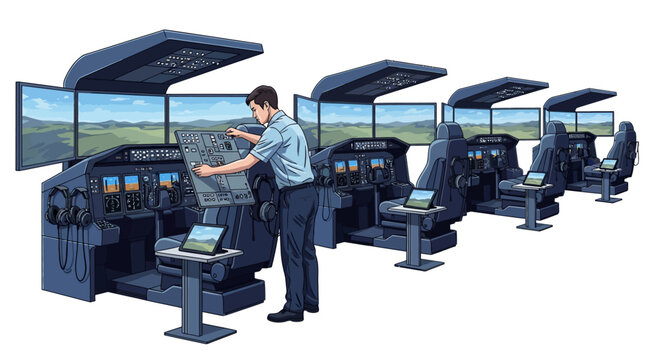 Modern flight simulator room with advanced training equipment and flight controls