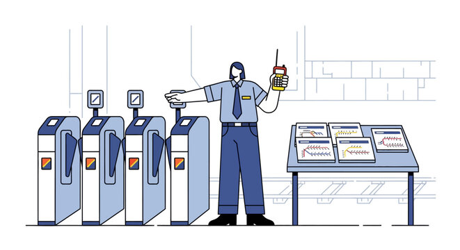 Automated metro ticket barriers with security guard managing fare control
