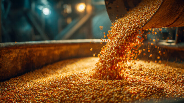 Pouring golden corn kernels into a large container in a dimly lit agricultural processing facility showing harvest and grain storage in warm tones