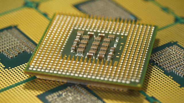 Central processing units for PC. Close view of CPU pins and contacts. CPU unit powering computer operations