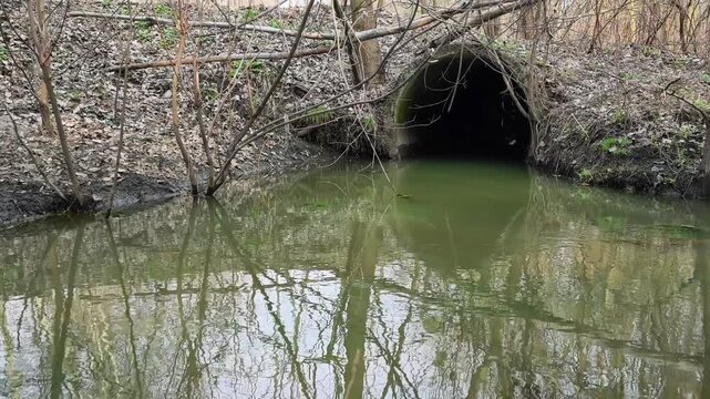 Large reinforced concrete pipe installed under dirt road to prevent washout. Large-diameter reinforced concrete pipe under forest dirt road for water drainage