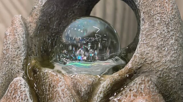 Slow Motion. Small decorative fountain with a glass ball spinning on a stream of water
