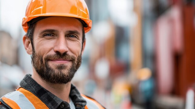 Confident construction worker wearing protective helmet and reflective vest standing at an urban worksite with a focused and friendly expression