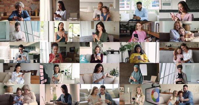 Collage of businesspeople, parents and kids, couple, retirees typing on mobile phones at home and office, texting on cell, chatting, using app, web service for online communication, work, leisure