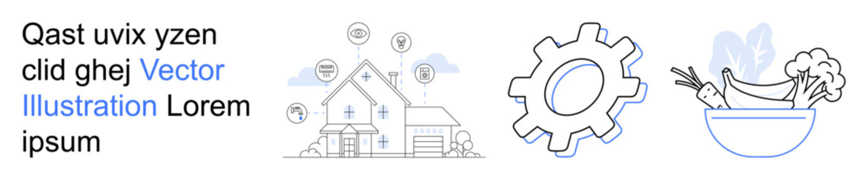 Technology, home automation, healthy living, machinery, digital health, sustainable lifestyles. A house with tech symbols, a gear and a bowl of food. Technology and healthy living concept