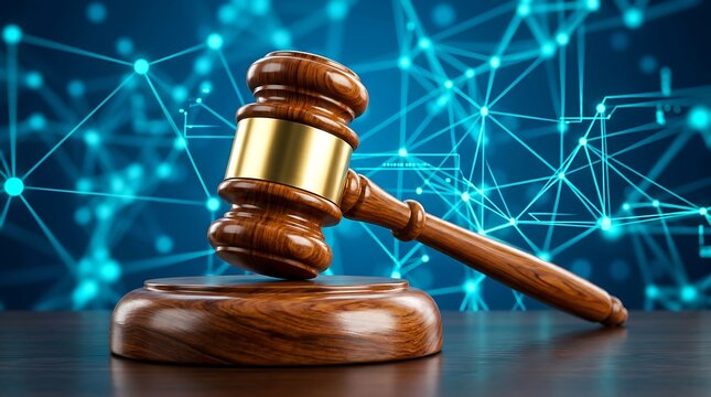 Wooden judge gavel resting on its base against a digital network background symbolizing justice