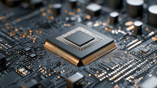 High-tech microprocessor chip mounted on intricate electronic circuit board with golden connectors and components for advanced computing systems and devices
