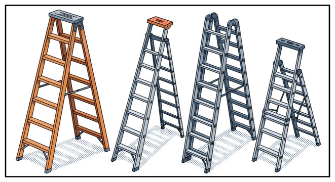 Isometric wooden and metal ladders in various sizes with shadows