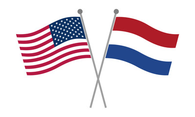 Obraz premium United States and Netherlands crossed national flags on flagpoles representing diplomatic relations, international partnership and geopolitical cooperation vector illustration