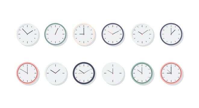 Minimalist wall clocks in various styles and colors on white background