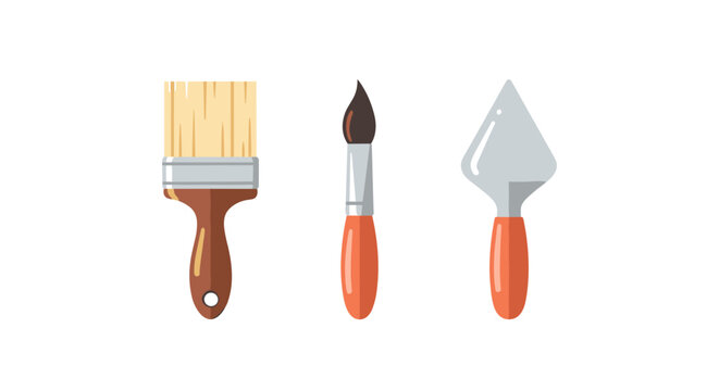 Artistic tools collection: flat design paintbrush, palette knife, and more