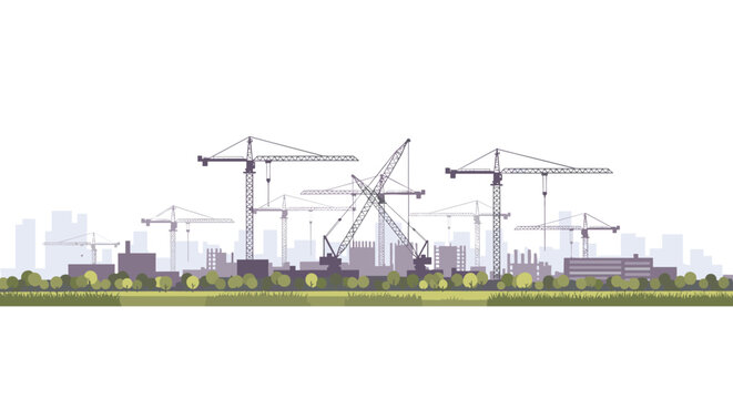 Urban landscape with cranes and city skyline in a flat style
