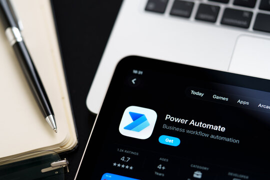 Power Automate iPad App Store screen showing Apple Liquid Glass redesign and iOS 26 style in workspace closeup. Stafford, United Kingdom, April 13, 2026.
