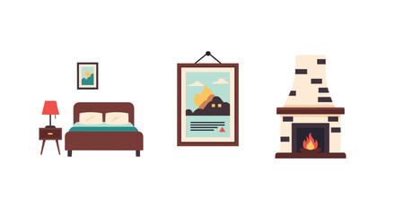 Naklejka premium Cozy interior design elements: bedroom, art, and fireplace in flat style