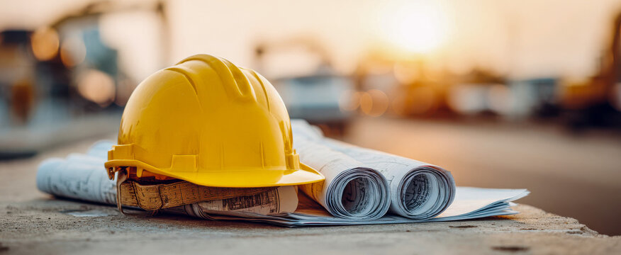 Construction site with yellow hard hat and rolled plans during sunset in warm light