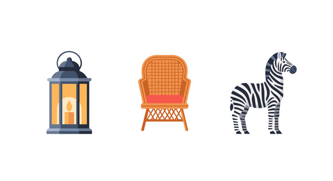 Decorative lantern, wicker chair, and zebra on white background