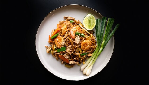 pad see ew thai stir fried rice noodles with vegetables and meat on black background top view food photography authentic asian cuisine dish