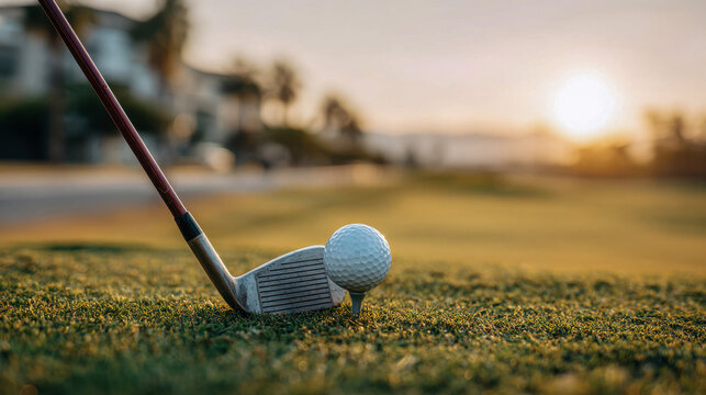 Golf club is ready to strike the ball on the course during sunset in a warm evening