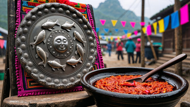 Traditional ornate silver-colored platter with sun and fish patterns, a bowl of spicy red chili paste, and festive flags in an ethnic village during May celebrations