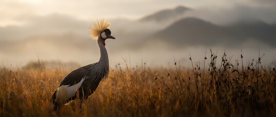 Fototapeta premium Grey crowned crane standing in golden grassland at sunset with misty mountains in background creating serene African wildlife scene for nature photography.