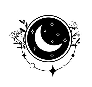 Black and white vector illustration of a crescent moon in a circular celestial emblem with stars, orbit, and flowers. Decorative mystical design for tattoo or print.