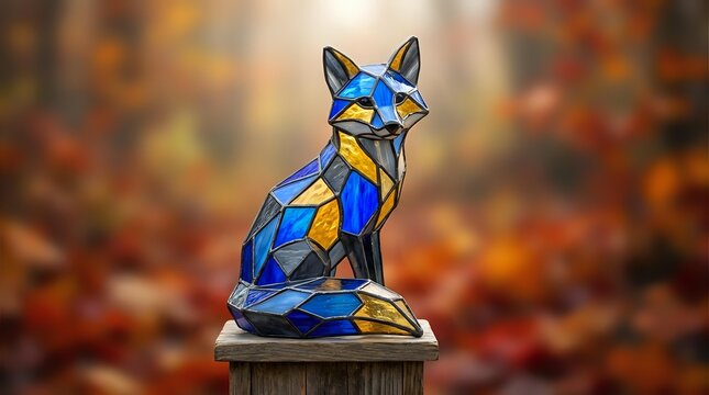 Geometric low poly fox sculpture with vibrant blue and gold faceted design sitting on wooden surface against warm autumn bokeh background.