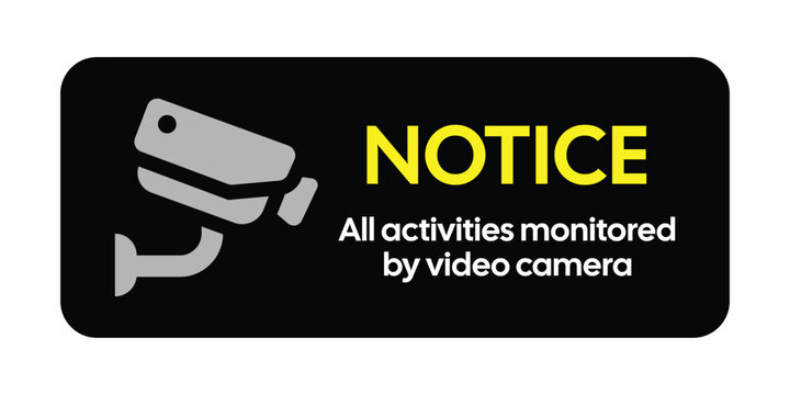 Black Rectangular Security Camera Notice Sign with Gray Surveillance Icon and Bold Yellow Text Warning All Activities Monitored by Video Camera for Stock Use in Signage, Web Design, Branding
