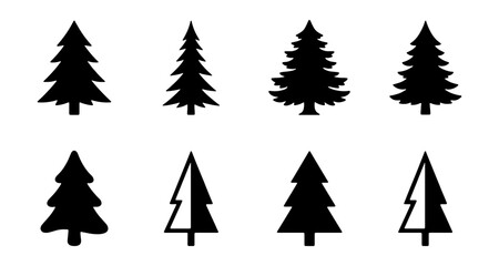Obraz premium Black Pine Tree Icons, Silhouette Forest Trees, Vector Graphic Set