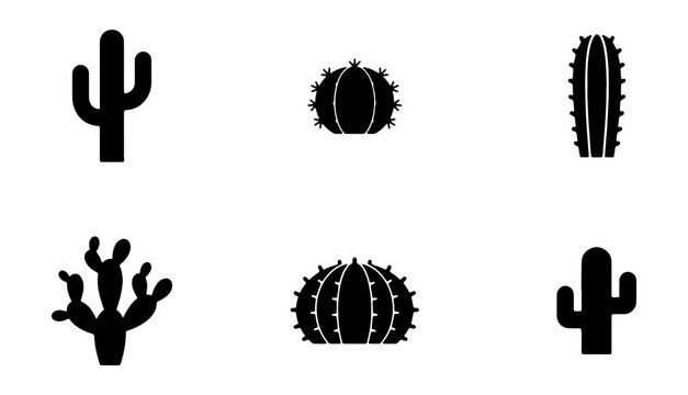 Cactus icons, black silhouettes, desert plants, vector graphics