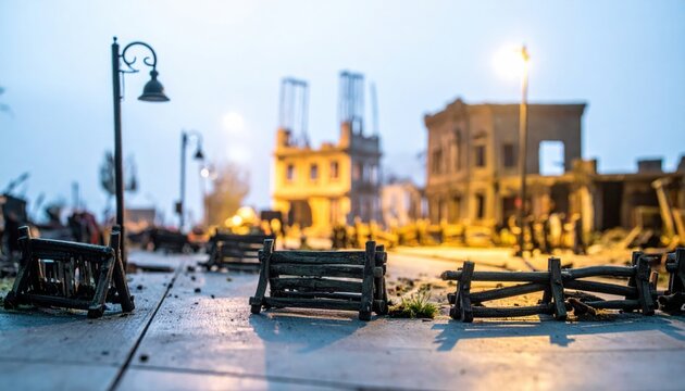Miniature weathered wooden barricades and obstacles scattered across a detailed game board with ruined buildings