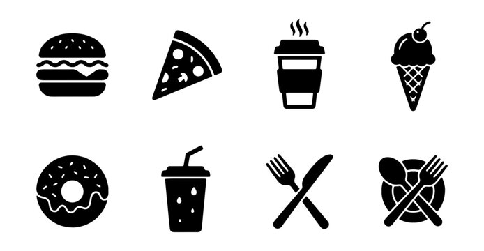 Fast food icon set, black solid restaurant symbols, 8 flat vector food illustrations