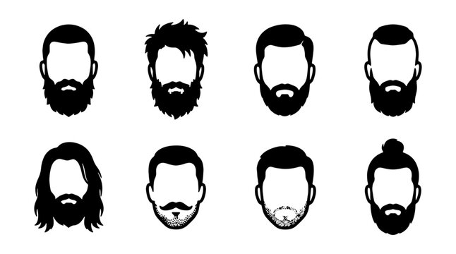 Barber shop hair and beard styles, 8 male grooming icons, black silhouette vector set