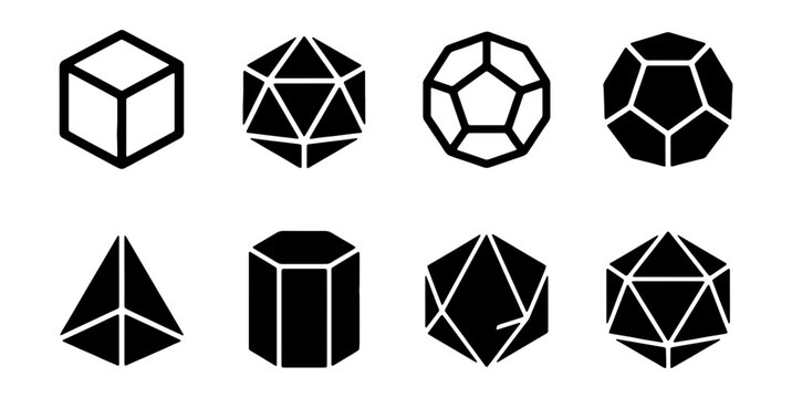 Geometric 3D Platonic solids, 8 black polyhedral icons, mathematical vector shapes