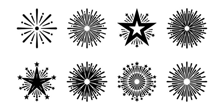 Retro firework starburst icons, 8 black sunburst vector shapes, vintage star burst set