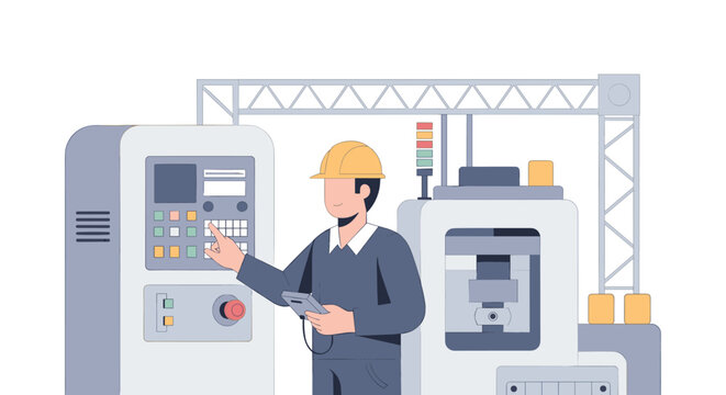 Factory automation and robot control with engineer in modern industrial setting